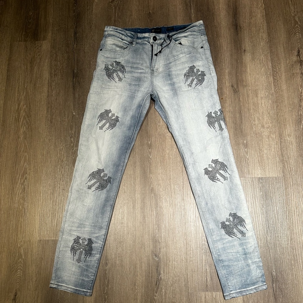 Rhinestone crosswing skinny jeans